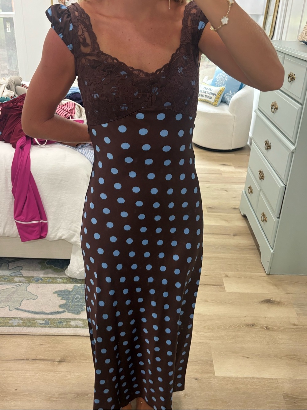 Brown Slip Dress with Light Blue Polka Dots